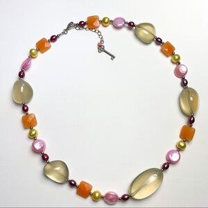 Colorful Mixed Gemstone Sterling Necklace Adjustable Pearl Quartz 20-22” Vintage